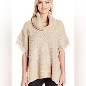 Lucky Brand Cowl Neck Poncho Fringed Knitted Sweater Tan Women’s Size XS Small